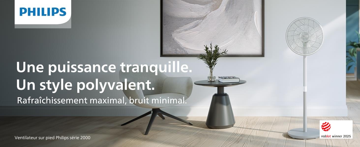 Le texte indique « Image 3 » et « PHILIPS ». Le texte en français se lit comme suit : « Une puissance tranquille Un style polyvalent ». Photos intérieures modernes montrant des aménagements minimalistes de la pièce avec des objets décoratifs.