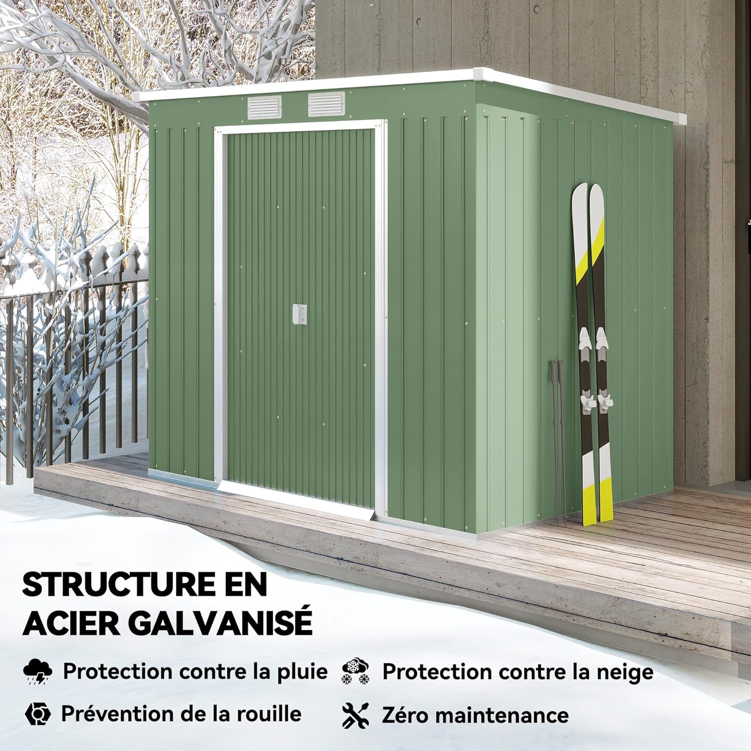 Outsunny Abri de Jardin en Acier galvanisé L 2,77 m² avec kit de Fondation 213 x 130 x 172 cm, cabane de Jardin cabanon Rangement Outils Portes coulissantes verrouillables et aérations, Vert