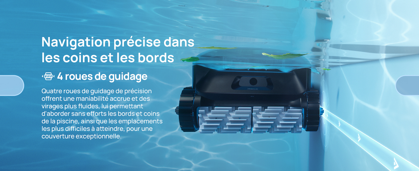 Vue sous-marine d'un robot nettoyeur de piscine avec roues de guidage, illustré en train de nettoyer le fond de la piscine avec texte en français.