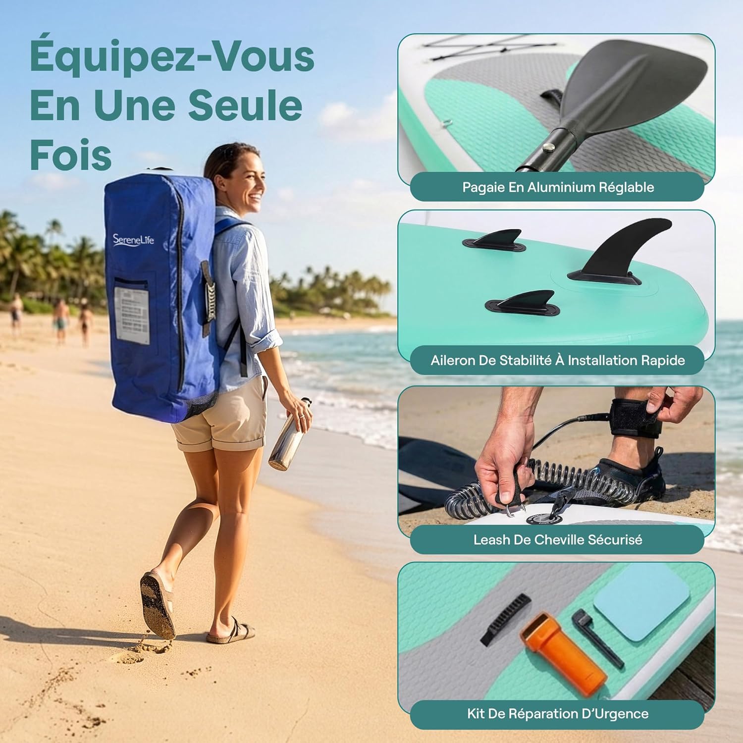SereneLife Stand Up Paddle Gonflable Adulte 6” – Planche de Paddle avec Accessoires Sup, Sac de Transport, Pont Antidérapant, pour Mer, Lac, Rivière