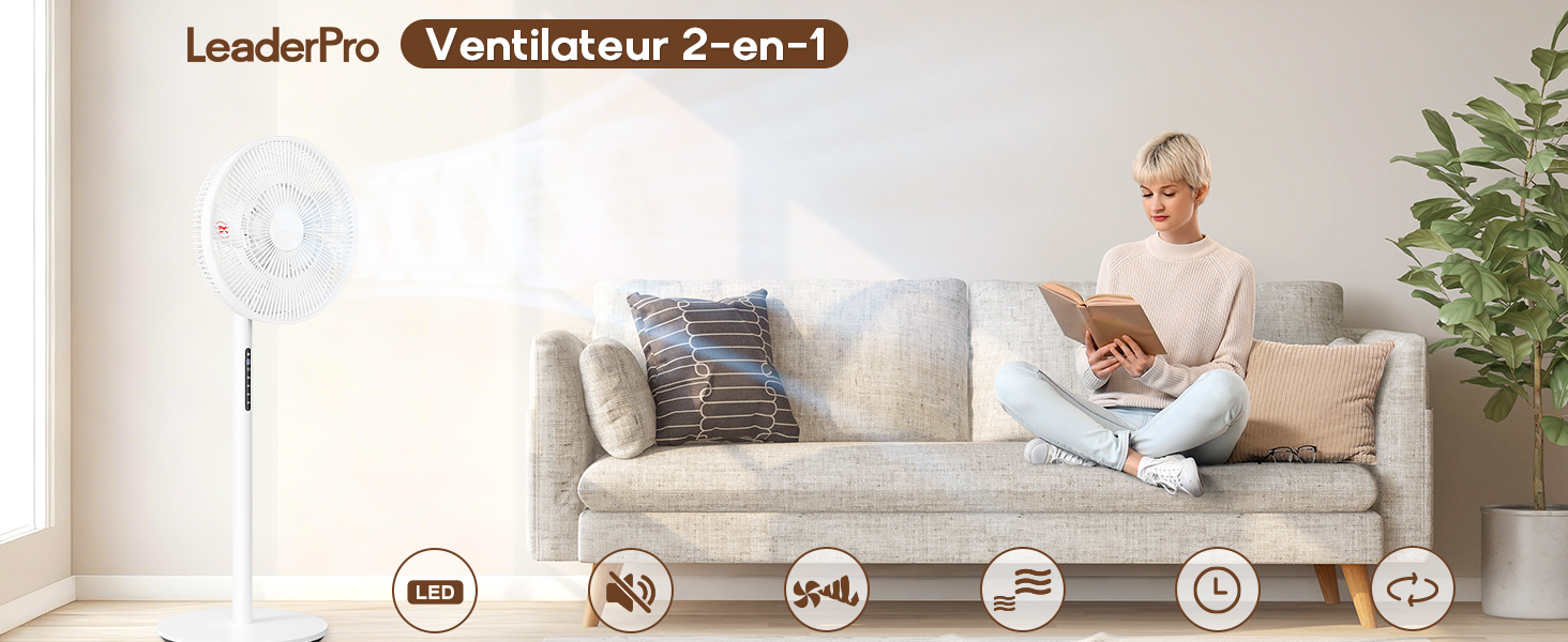 Le texte indique « LeaderPro », « Ventilateur 2-en-1 ». L'image montre un ventilateur de plafond avec télécommande dans un salon moderne avec canapé, plante et décor minimaliste. Les icônes de contrôle s'affichent en bas.