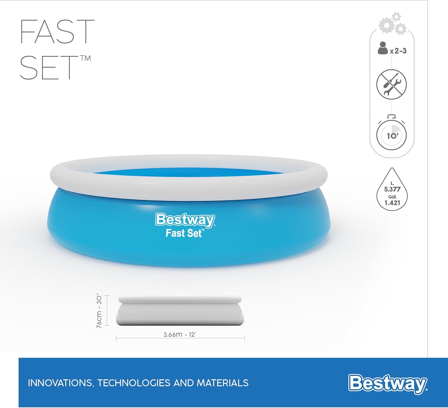 BESTWAY Piscine autoportante Ronde Fast Set 366 x 76 cm avec Filtration