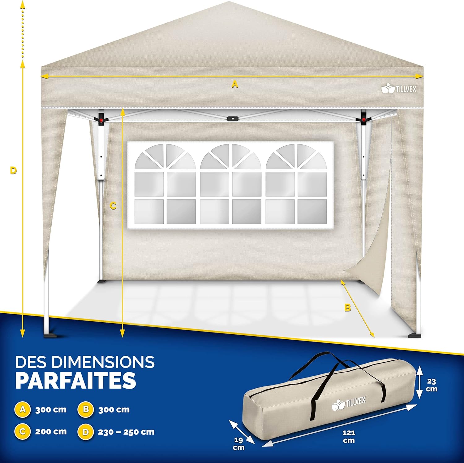 tillvex - Tonnelle de jardin pliante - 3x3m - 2 côtés, hauteur réglable, UV50+, sac inclus