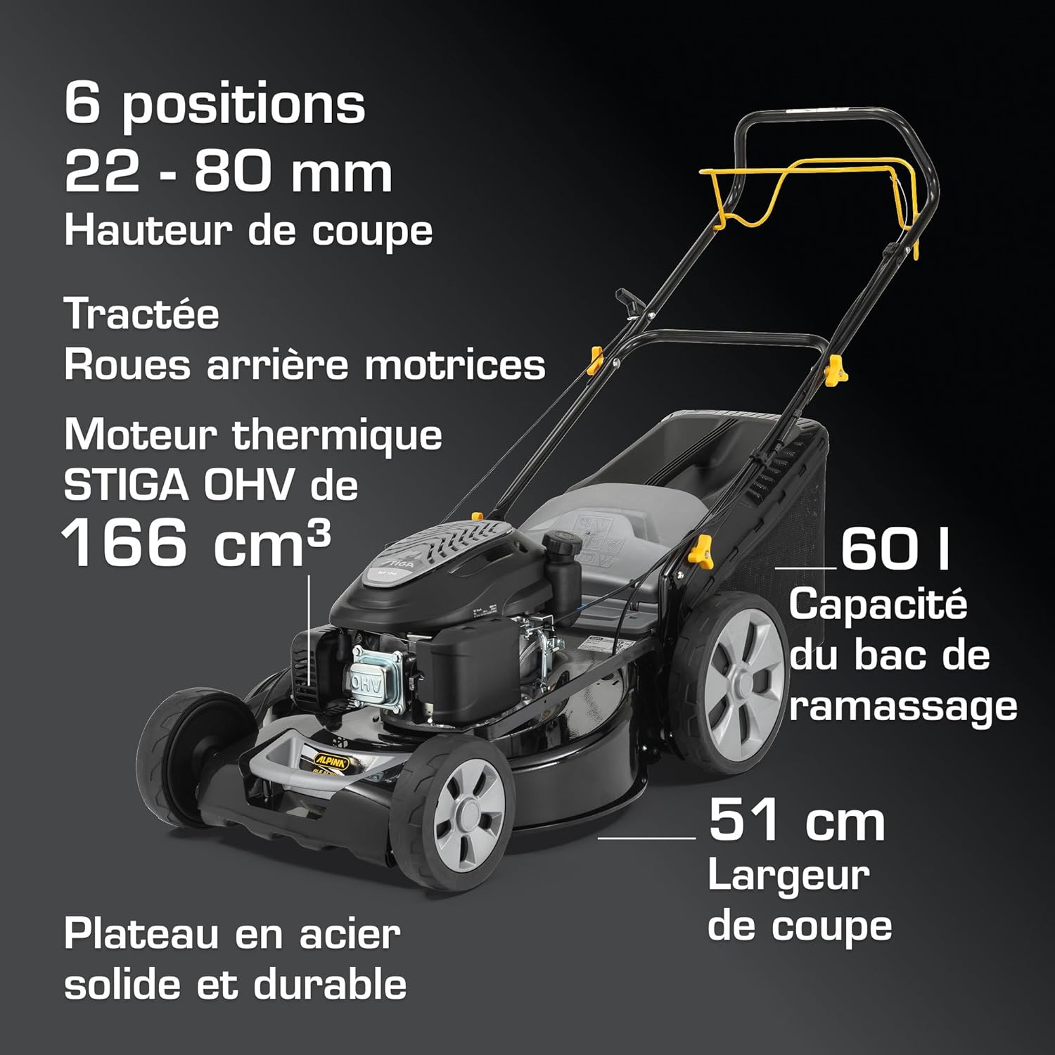 ALPINA AL5 51 SAQ Tondeuse à Gazon tractée - Moteur 166cc, Largeur de Coupe 51cm, bac de ramassage 60L, système de Coupe 4 en 1