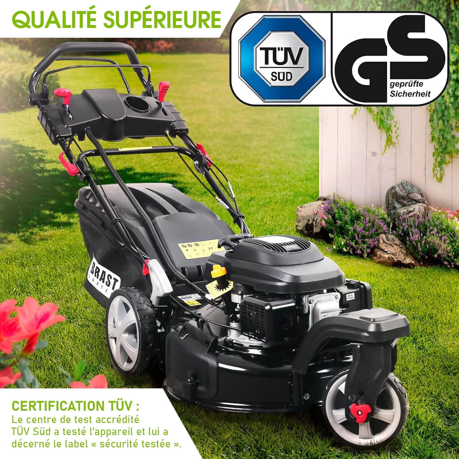BRAST - tondeuse thermique 3 roues 53cm, 224cc, tractée, démarrage électrique, mulching, 4en1, TRIKE E-START