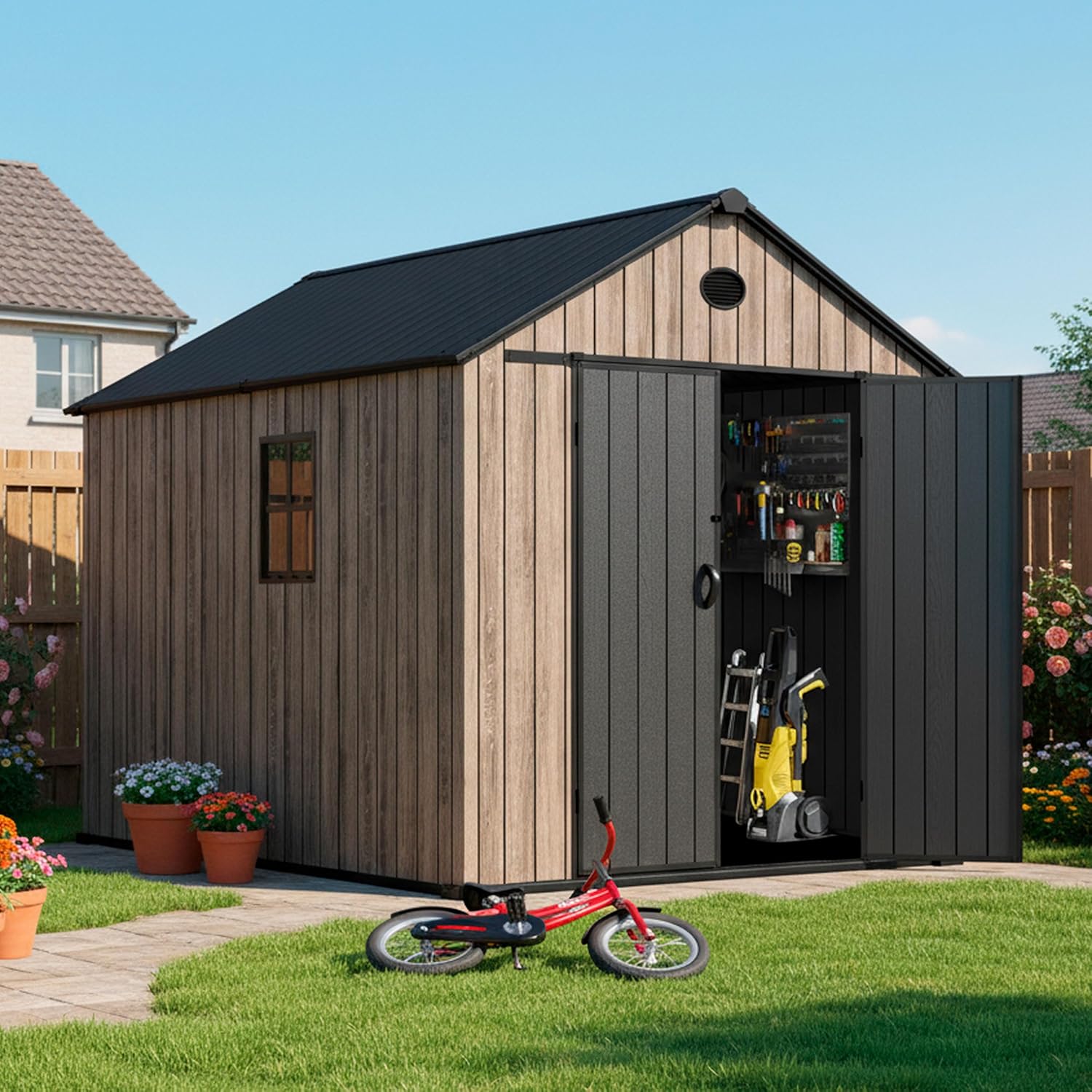 Hoggar Abri de jardin en résine 6,41 m² Oak O60 - Sol inclus - Fenêtre latérale - Aspect bois premium - Double porte large - Protection UV et imperméable - Fermeture par goupille - Ventilations