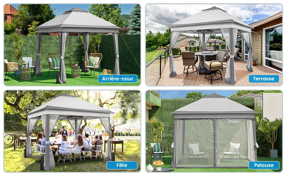 Comparaison à quatre panneaux des kiosques extérieurs. Présenté dans le jardin, la terrasse, la fête et le patio. Auvent gris avec côtés en maille pour la protection contre les insectes.