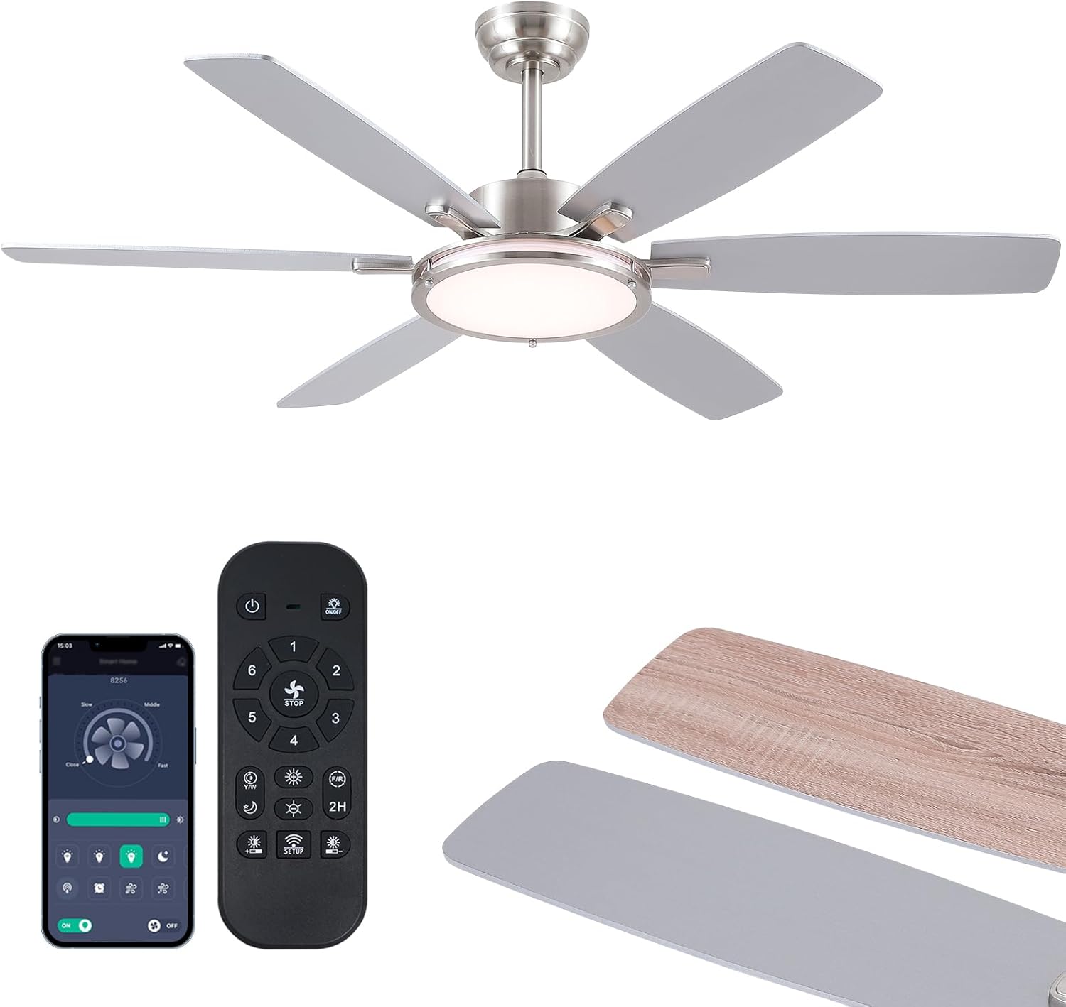 Kviflon - ventilateur plafond LED 132 cm, moteur DC silencieux, télécommande, design moderne, 3 pales ABS