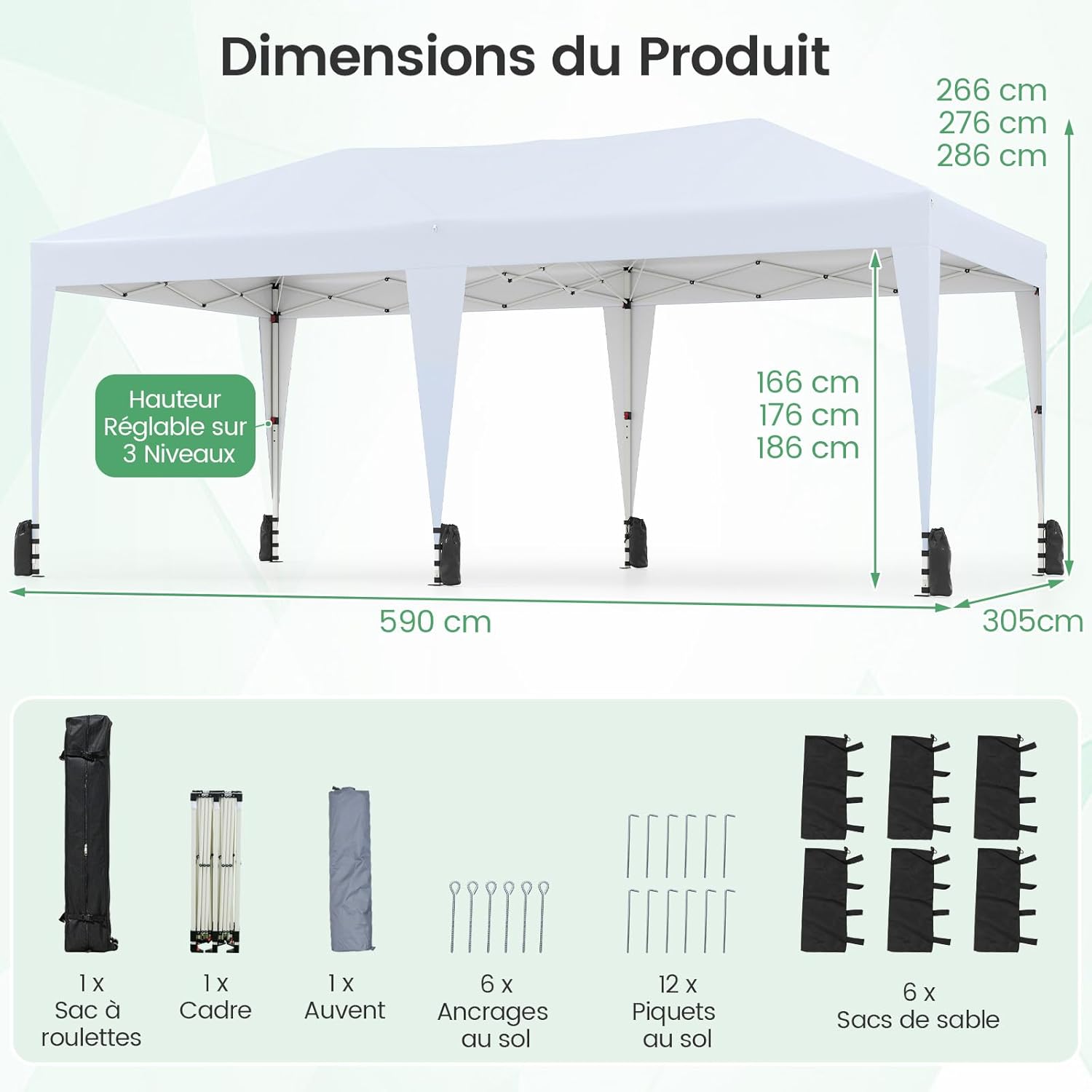 GOPLUS - Tonnelle pliante 3x6m - waterproof, protection UV, sac roulette