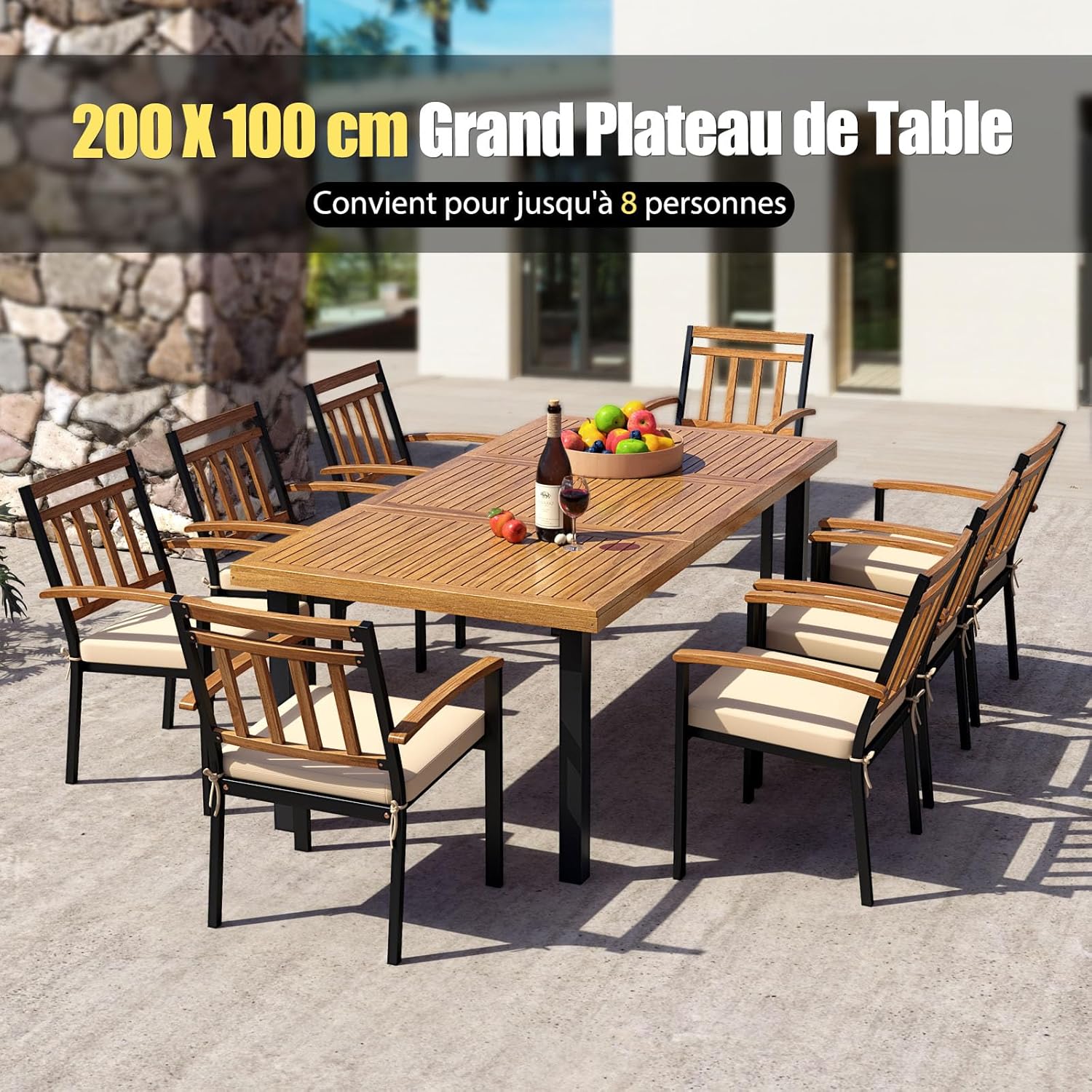 COSTWAY - table de jardin 200 cm - 8 pers. acacia métal, trou parasol