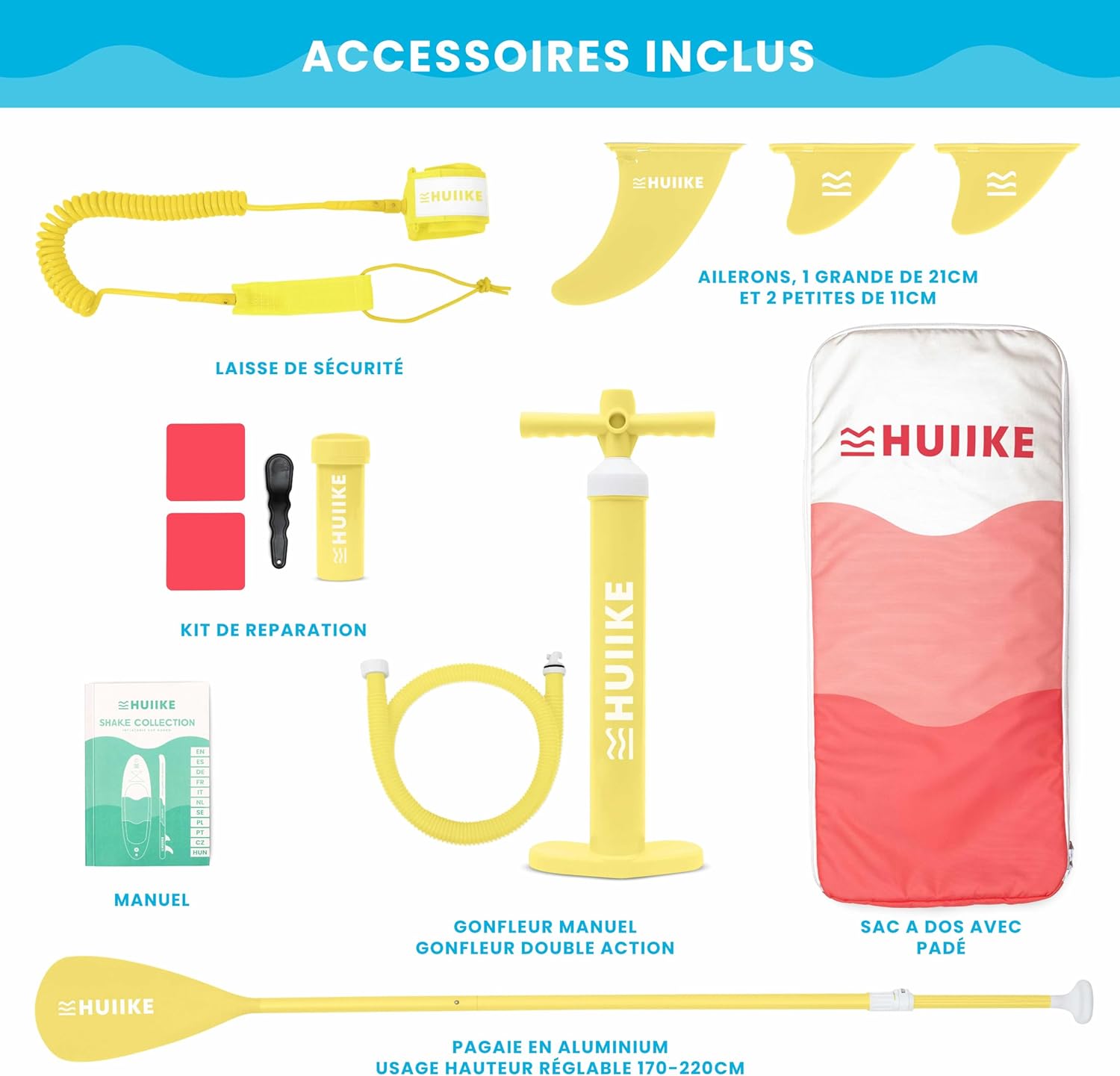 HUIIKE Paddle Gonflable Adulte avec Accessoires Inclus, Pagaie, Ailerons, Pompe. Planche de Stand Up Paddle Grande Stabilité et Résistance. 305 x 84 x 15 cm, Jusqu'à 130 kg