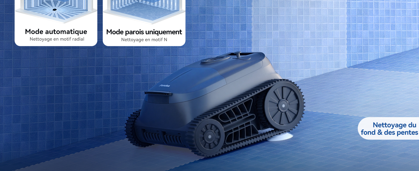 Série de photos de produits montrant un appareil robotique semblable à un tank avec des bandes de roulement sur fond bleu. L'appareil semble être une maison intelligente ou un robot de sécurité avec divers capteurs et caméras montés sur son châssis.
