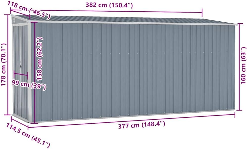 Générique Abri de Jardin Mural Gris 118x382x178 cm Acier galvanisé, Maison & Jardin, Pelouses & Jardins, Vie en extérieur, Structures extérieures, Cabanes & abris de Jardin, Gris, (Poids 47.9KG)