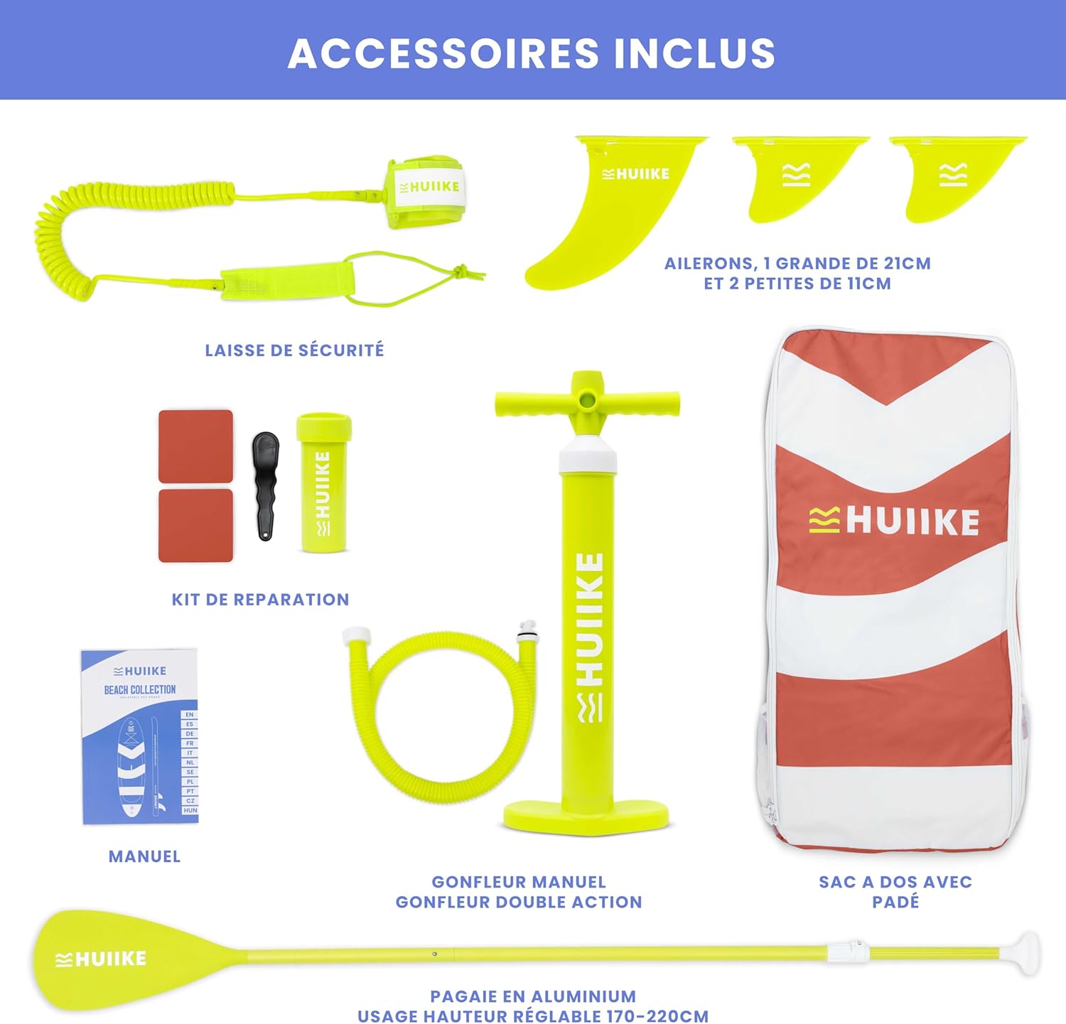 HUIIKE Paddle Gonflable Adulte avec Accessoires Inclus, Pagaie, Ailerons, Pompe. Planche de Stand Up Paddle Grande Stabilité et Résistance. 305 x 84 x 15 cm, Jusqu'à 130 kg