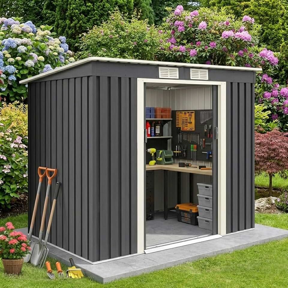 GOPLUS 2,37M² Abri de Jardin en Acier Galvanisé Résistant 4,1m³, 213x130x173CM, Cabane de Jardin Exterieur avec 2 Portes Coulissant, 2 Aérations, Toit Incliné, Rangement Outils pour Pelouse, Patio