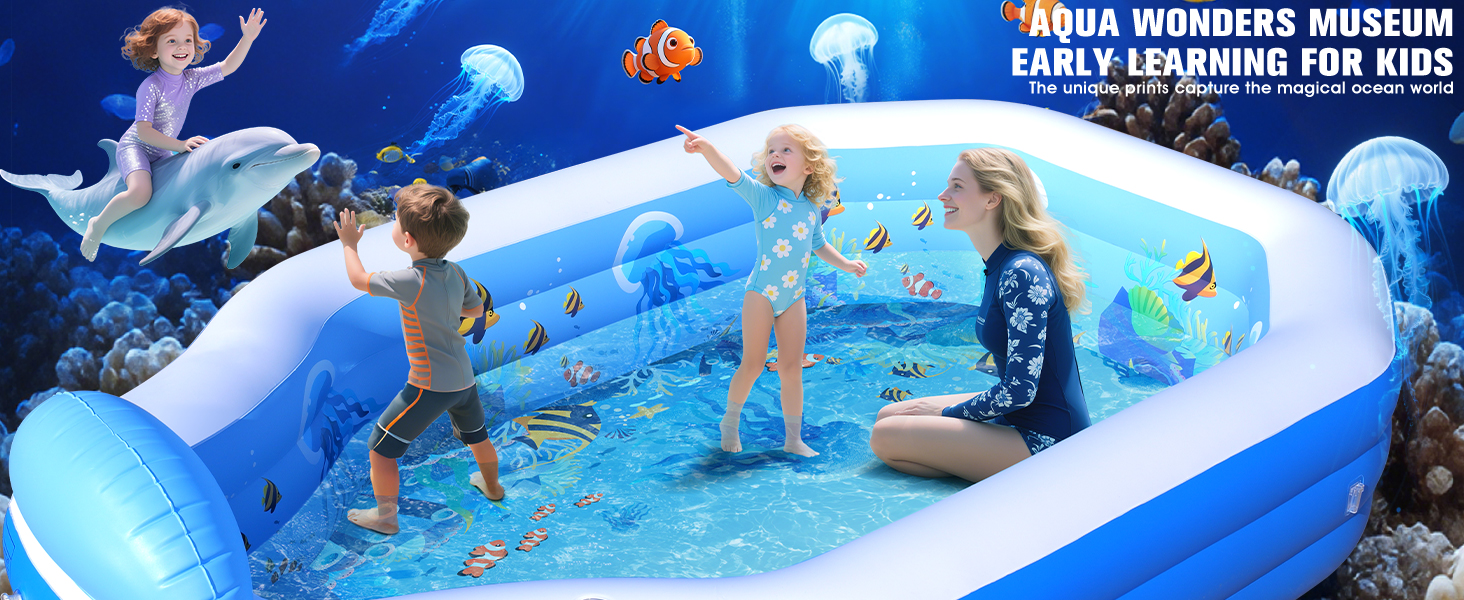 Le texte indique « PARC AQUATIQUE GONFLABLE DE LOISIRS D'ÉTÉ POUR ENFANTS ». Enfants jouant dans une grande piscine gonflable avec des éléments de design bleus et blancs.