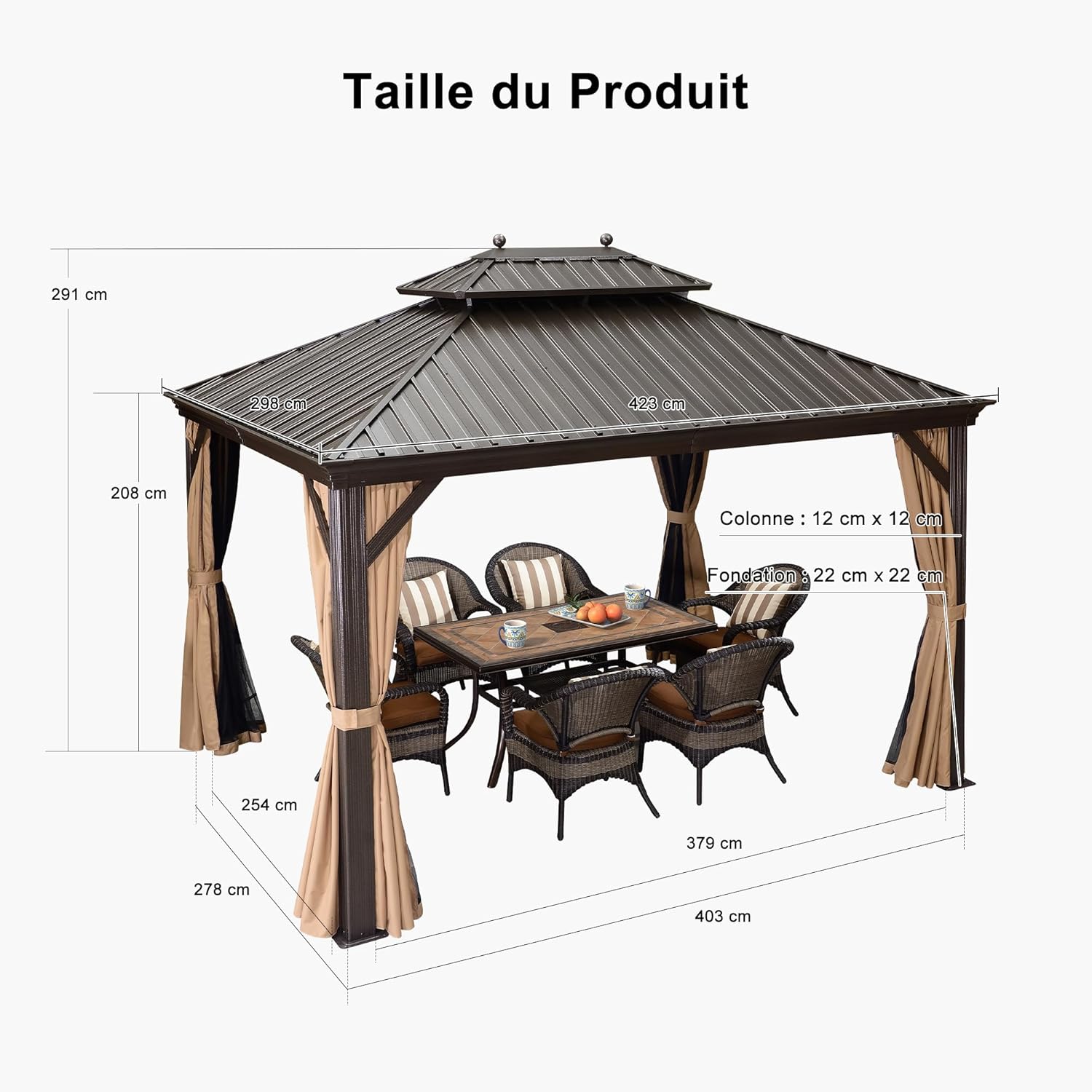 PURPLE LEAF - Tonnelle de Jardin 4,25x3m - Acier galvanisé, moustiquaire, rideaux, gouttière, poteaux renforcés, bronze 
