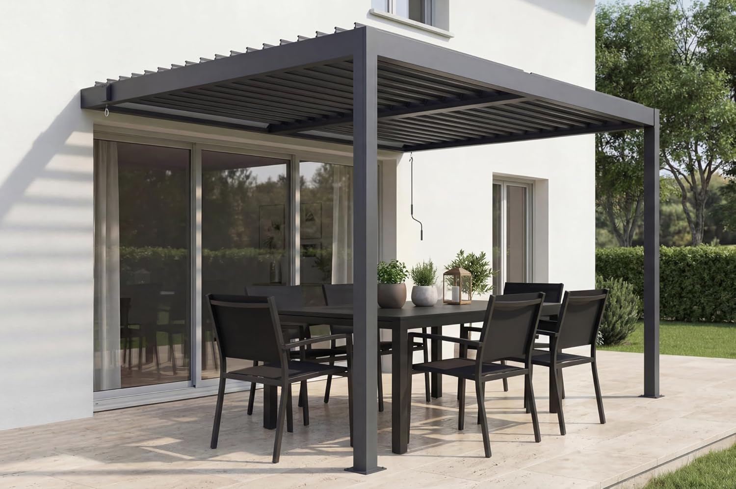 Cazeboo - Pergola Piana - 297x195 cm - Aluminium gris, 19 lames acier, résistance vent 60 km/h