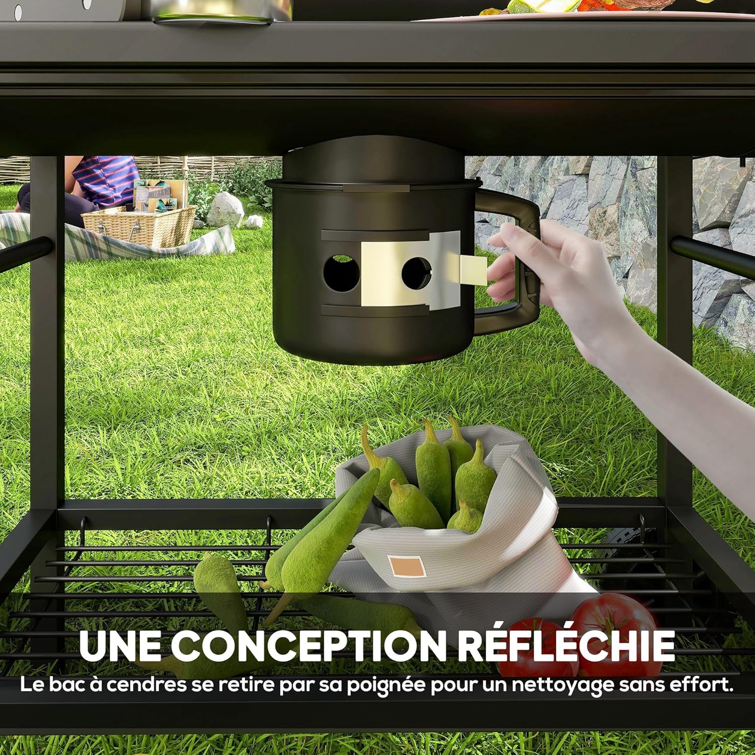 Outsunny - barbecue charbon de bois - grande taille - grille, couvercle thermomètre, roues, tablette pliable