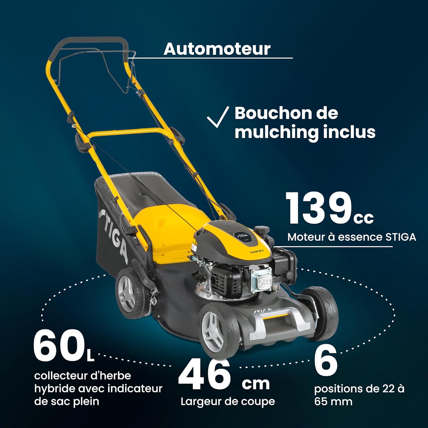 STIGA Combi 48 S Tondeuse Thermique, 139 cm³, 46 cm – Bac 60 L, Mulching Intégré, Réglage 6 Positions – Pelouses Jusqu’à 1 200 m², Gris