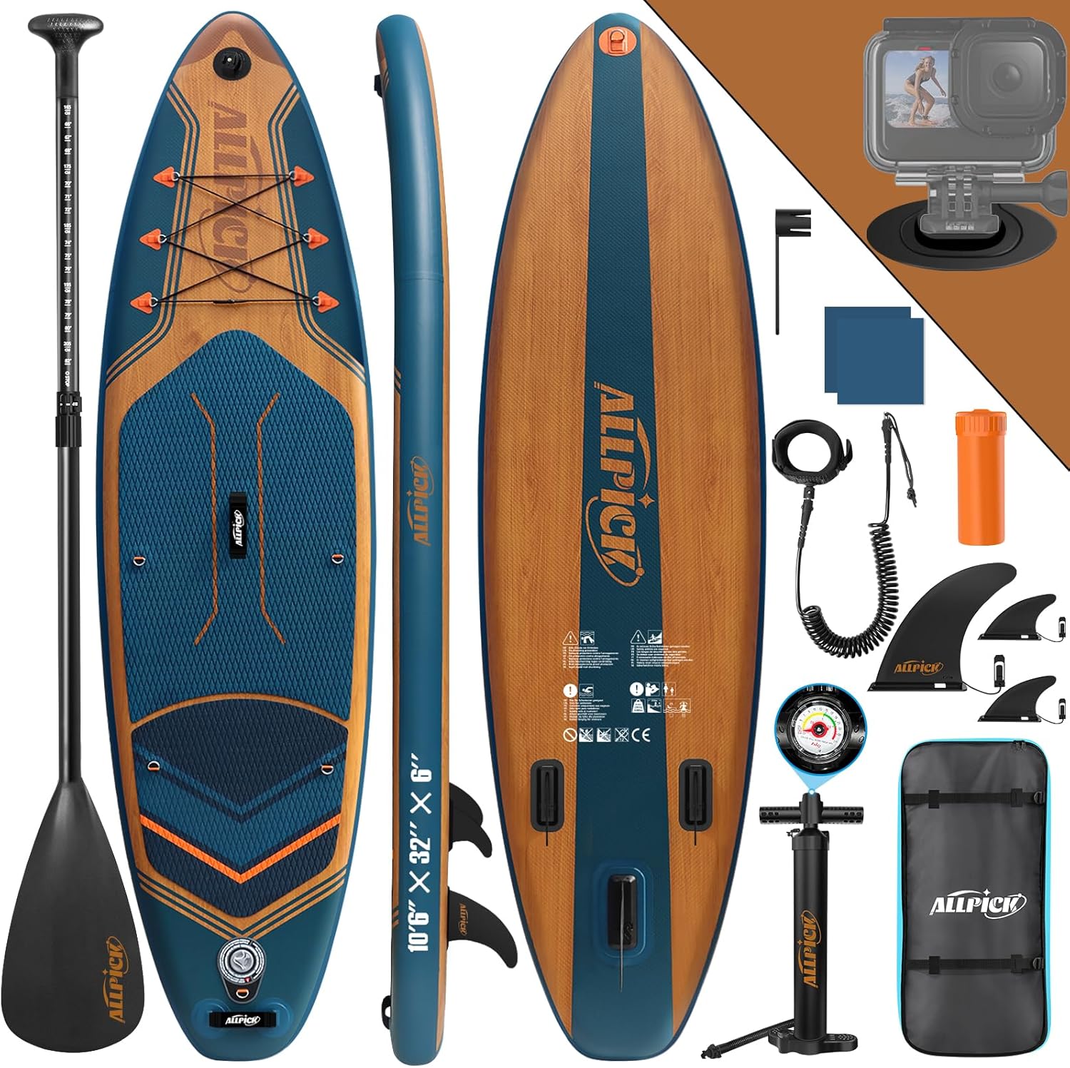 ALLPICK - Paddle gonflable série 320 cm - 200 kg, pagaie réglable, support caméra