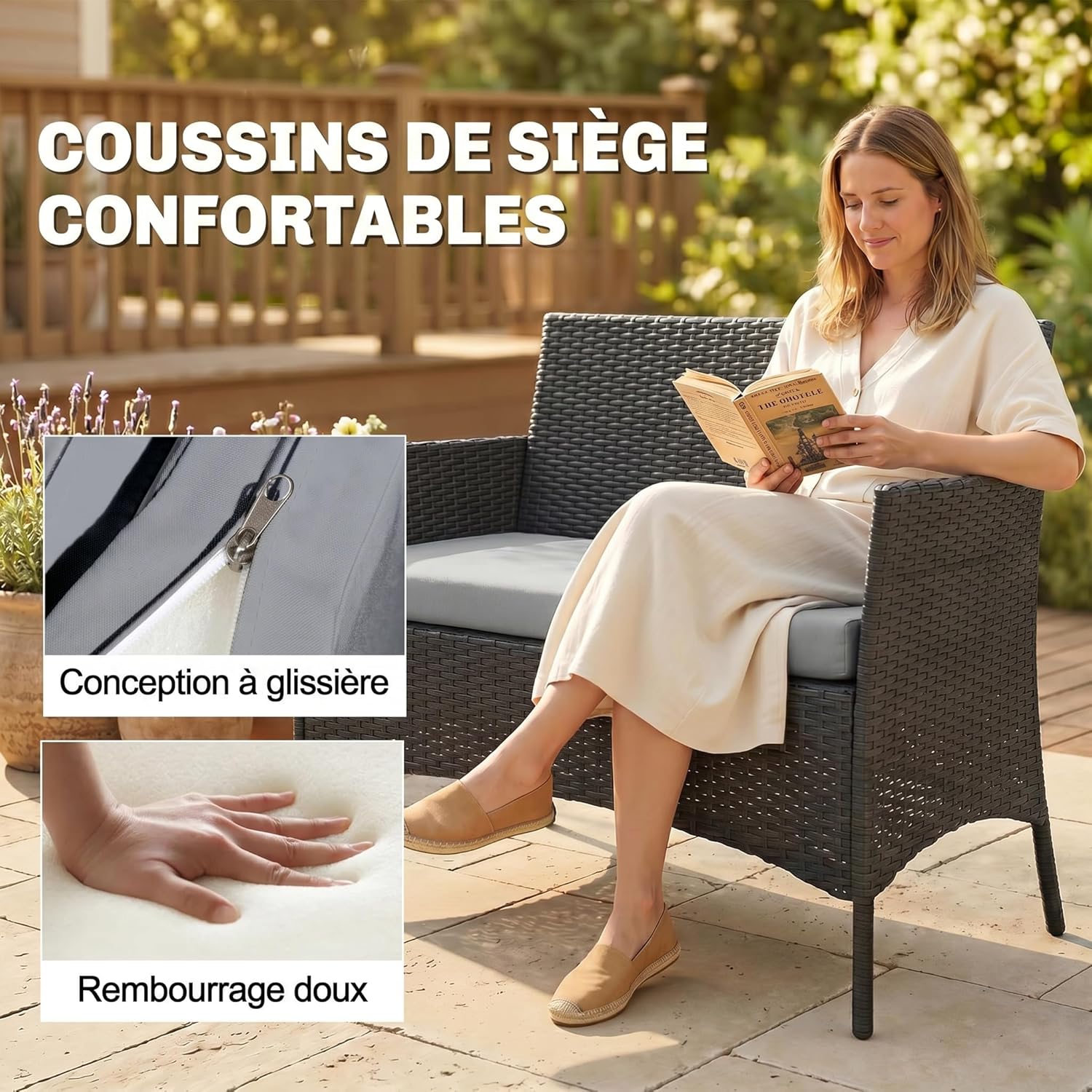 Outsunny - Salon de Jardin 4 pers - résine tressée, coussins, table verre, gris