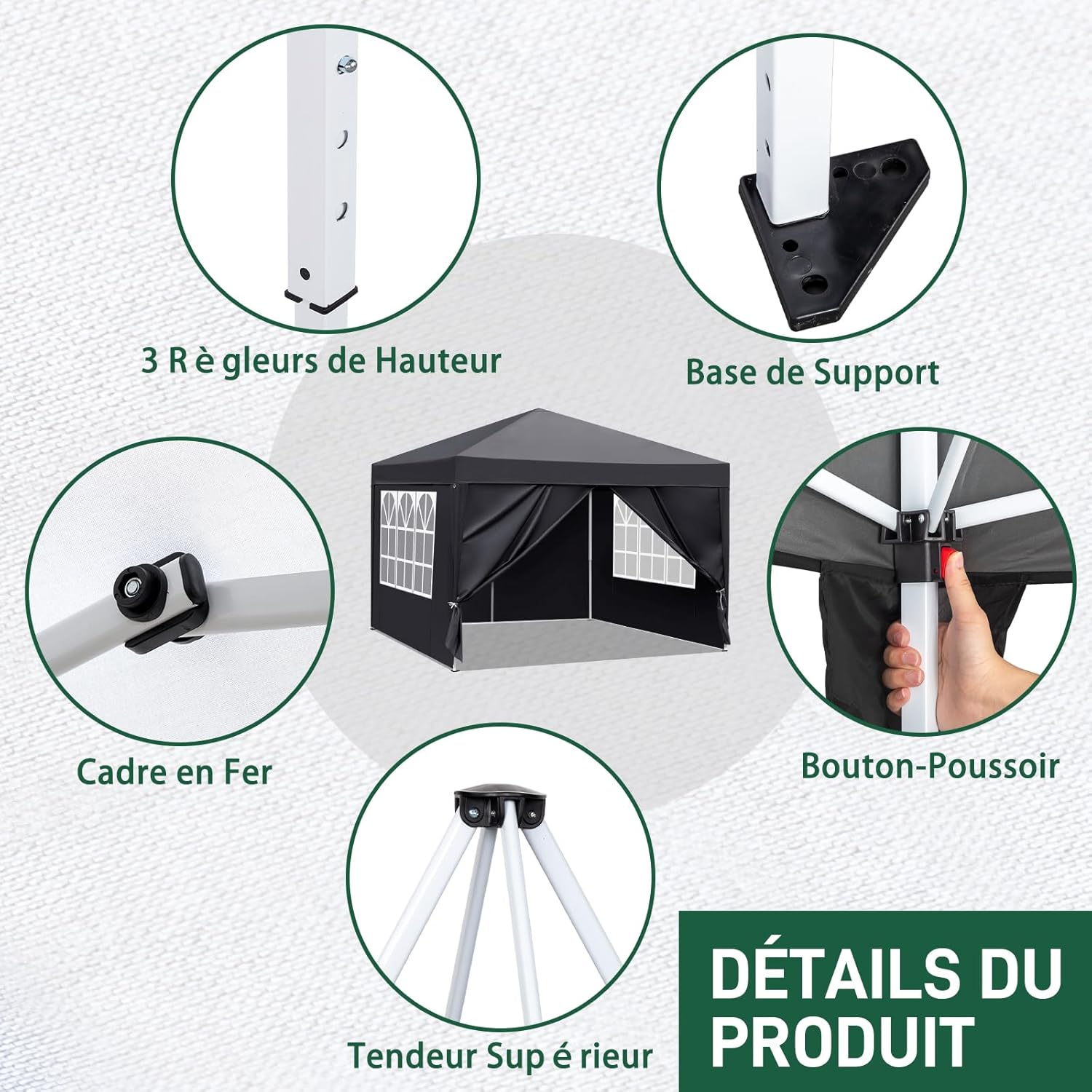 Leadzm - Tonnelle pliante 3x3m, hauteur réglable, UV50+, 4 côtés
