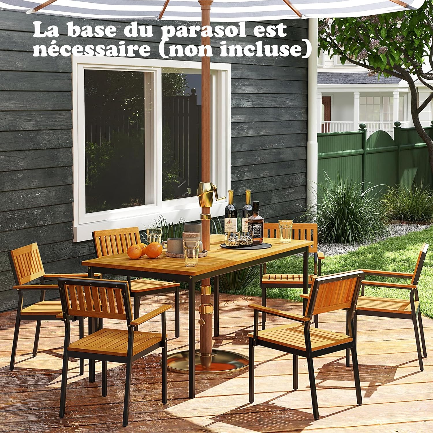GOPLUS - Table jardin 140x70x73 cm - bois acacia, 6 pers, parasol