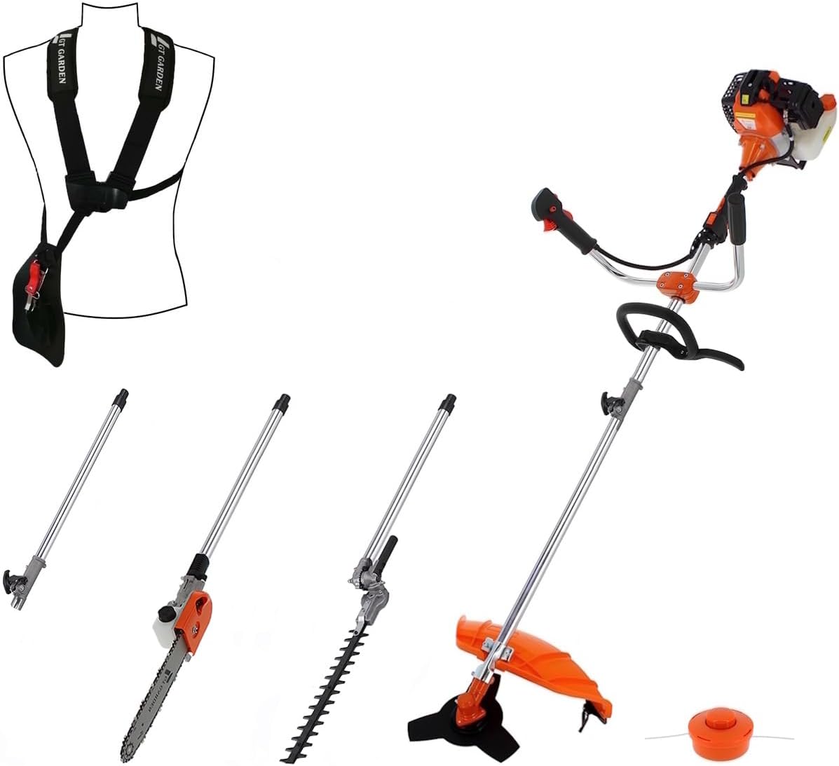 GT Garden - multifonction 4 en 1 thermique - 3 outils + rallonge - tronçonneuse, débroussailleuse, taille-haies