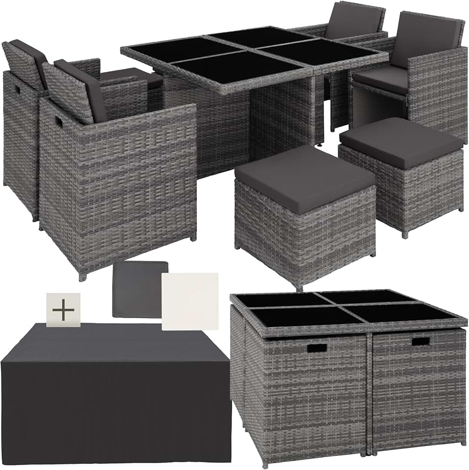 tectake - Salon de jardin 8 places aluminium rotin gris, confortable