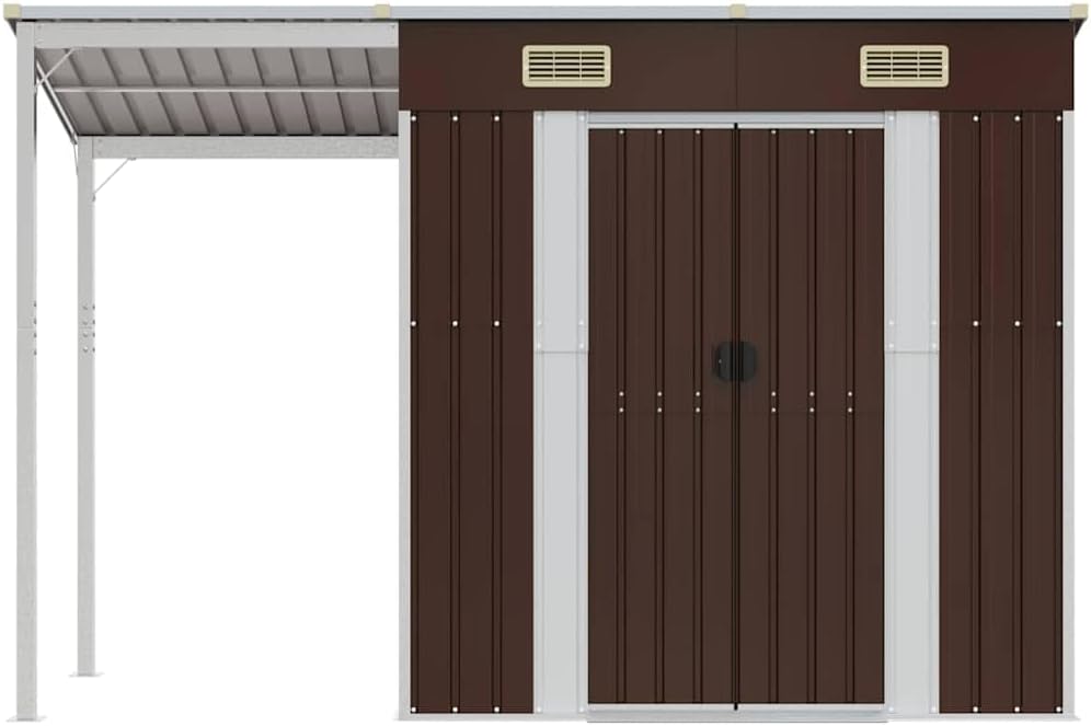 vidaXL Abri de Jardin avec Toit Prolongé, Cabane à Outils avec Poignées, Remise à Outils, Abri de Rangement Terrasse, Marron 277x107x181 cm Acier