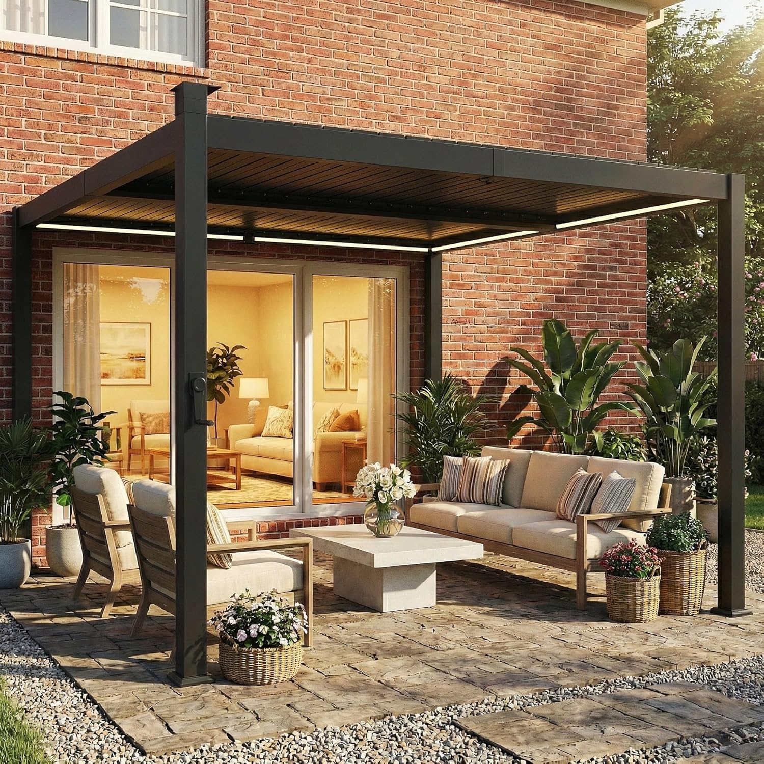 Outsunny - Pergola bioclimatique 3x3m - LED solaires, lames orientables, toit métal, gouttières