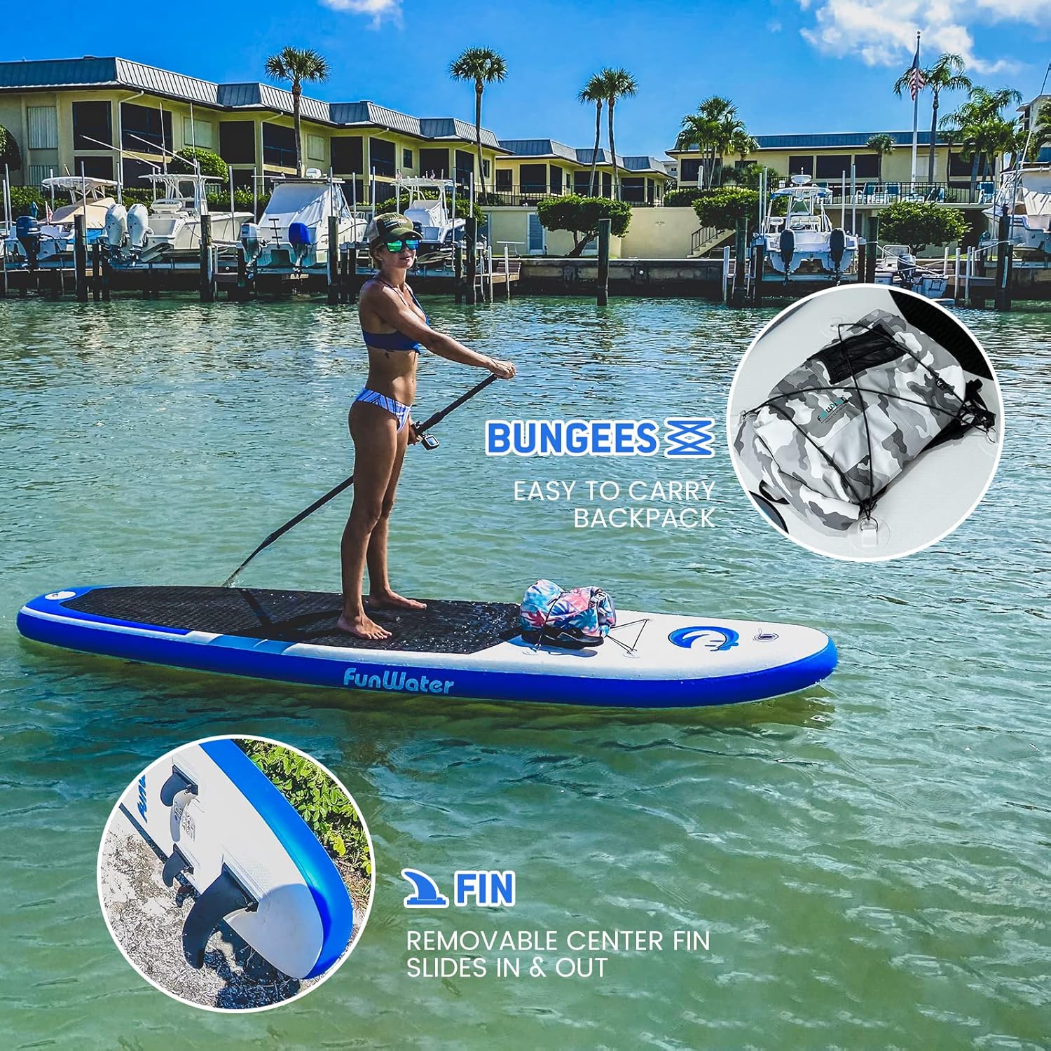 FunWater Planche Sup Gonflable Tous Niveaux Idéale Débutants et Famille Plateforme Anti Dérapante EVA Pack Complet avec Pagaie Réglable Pompe et Accessoires