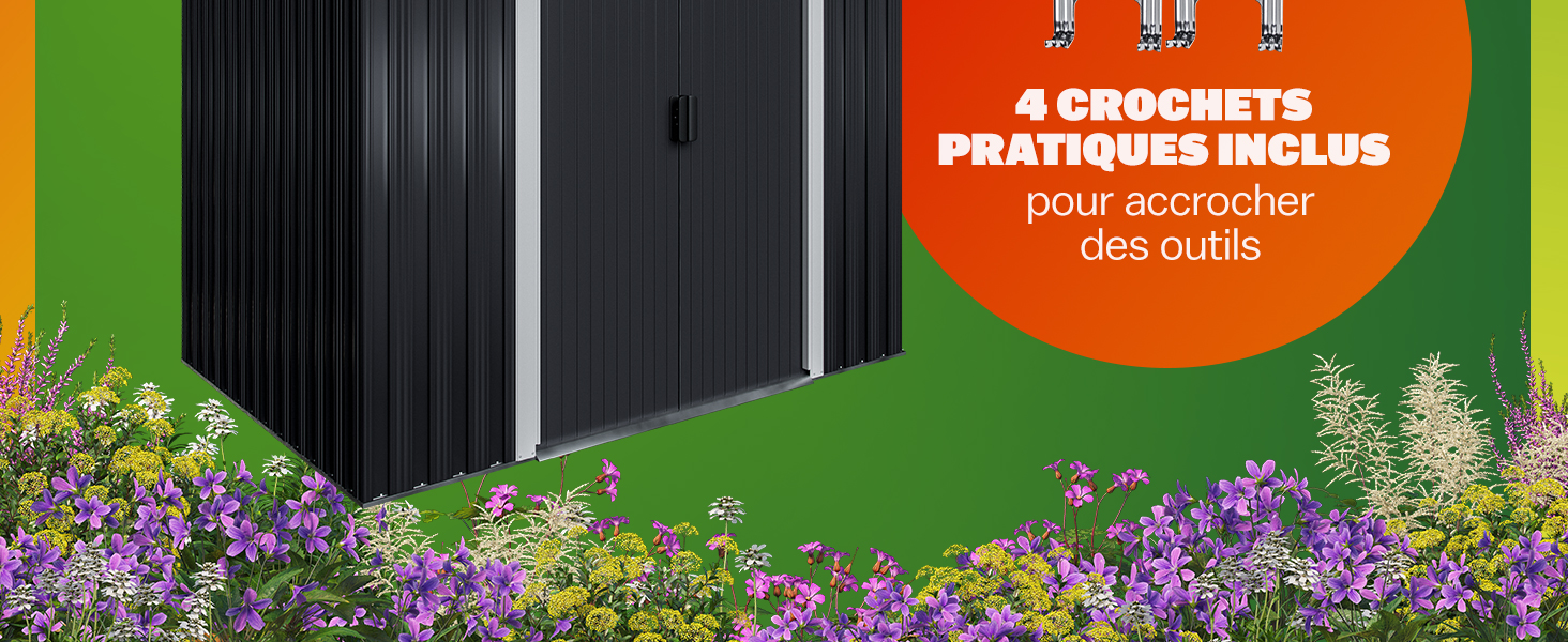 avec extérieur en métal foncé et portes coulissantes. Fleurs colorées au premier plan. Le texte mentionne 4 crochets pratiques inclus pour suspendre les outils.