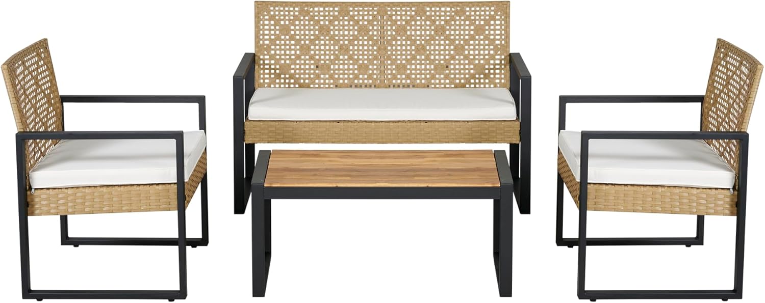 casa.pro - Salon de jardin 4 pièces, acier/acacia, 2 chaises + banc, beige/naturel