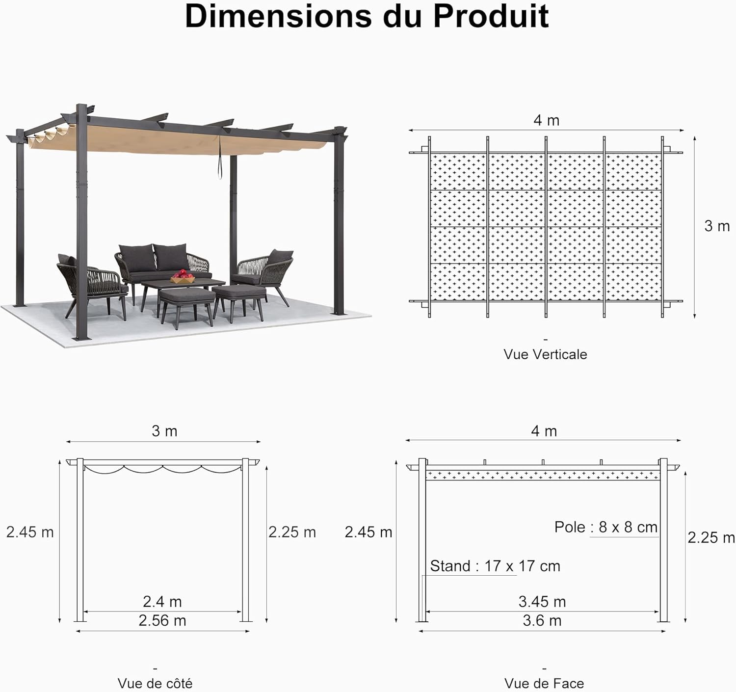 PURPLE LEAF - Pergola aluminium LED, toit rétractable, 4x3m, kaki