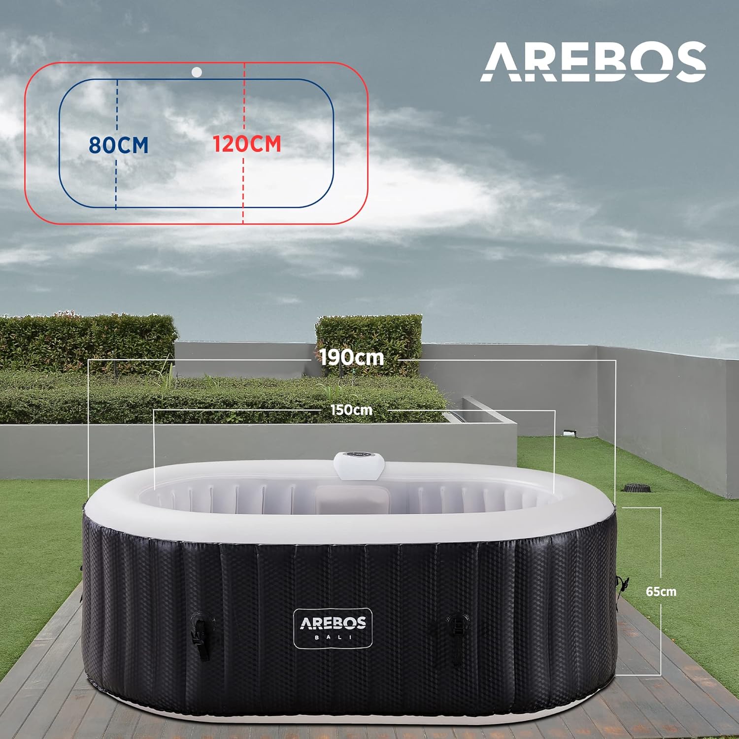 Arebos - Spa LED gonflable 190x120cm, 2 places, 90 jets, 550L