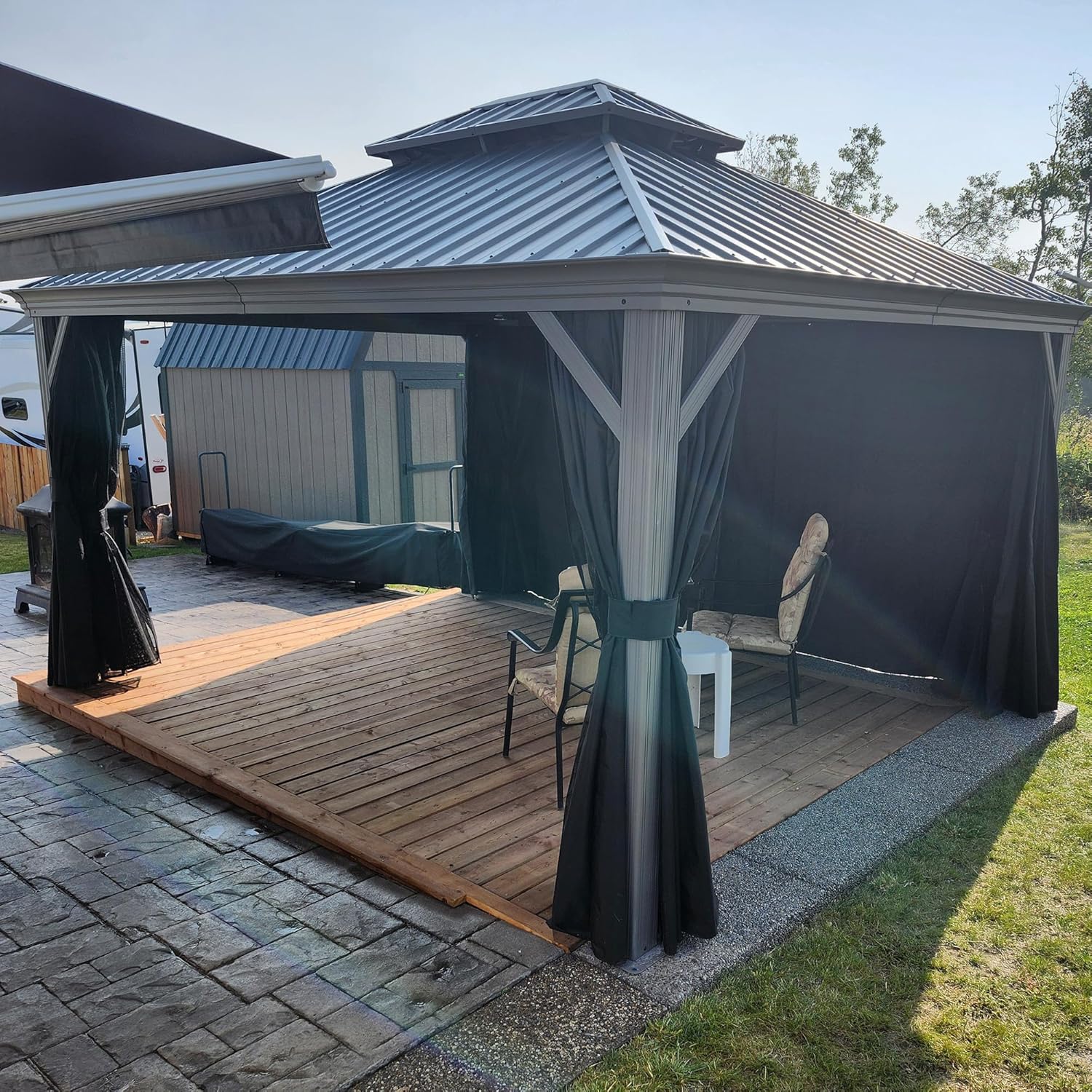 PURPLE LEAF - tonnelle jardin double toit - 3,65x4,25m - aluminium, moustiquaire, rideaux