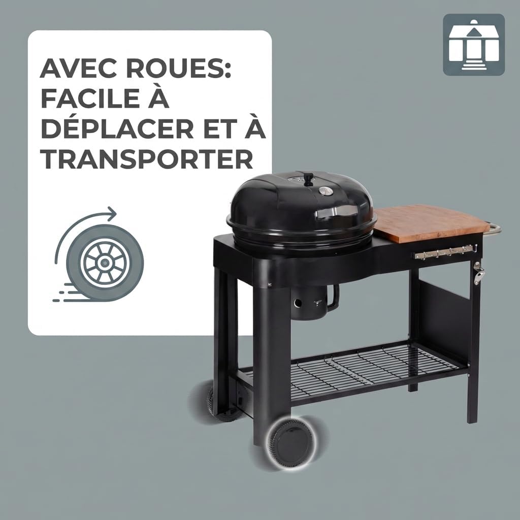Tarrington House - Barbecue Calgary - acier/bois - couvercle thermomètre, tablettes, 2 roues, noir