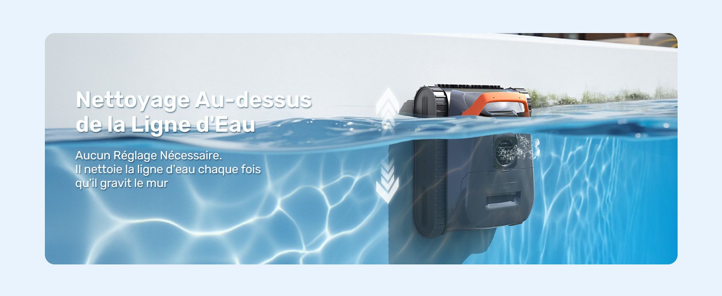 Série d'images de nettoyage de piscines sous-marines montrant un robot nettoyeur de piscine en action sur fond d'eau bleue.