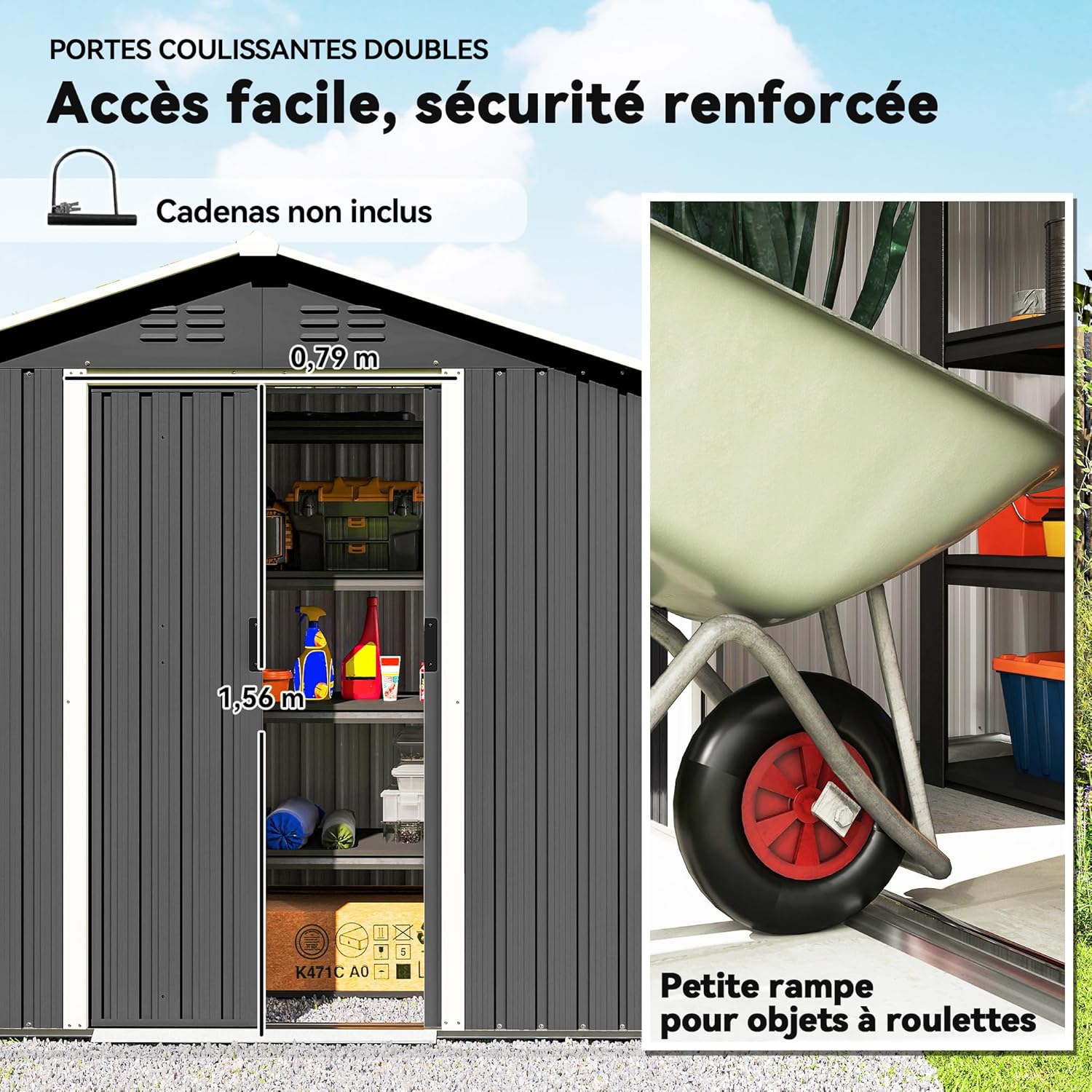 Outsunny - abri de jardin métal 1,8 m² - 194x107x191 cm, portes coulissantes, 4 aérations