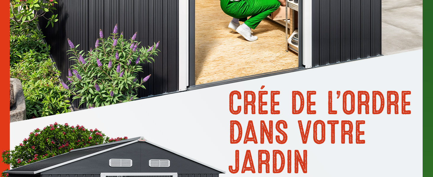 Scène extérieure avec cabanon noir, plantes à fleurs et texte rouge en français disant « Créez de l'ordre dans votre jardin ». Vue partielle d'une porte avec un objet vert à l'intérieur