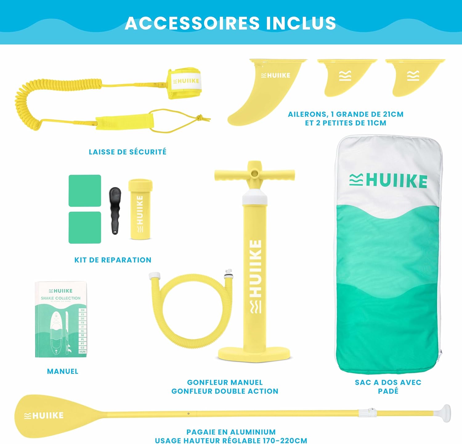 HUIIKE - Paddle gonflable adulte - 305x84x15cm - grande stabilité, accessoires inclus