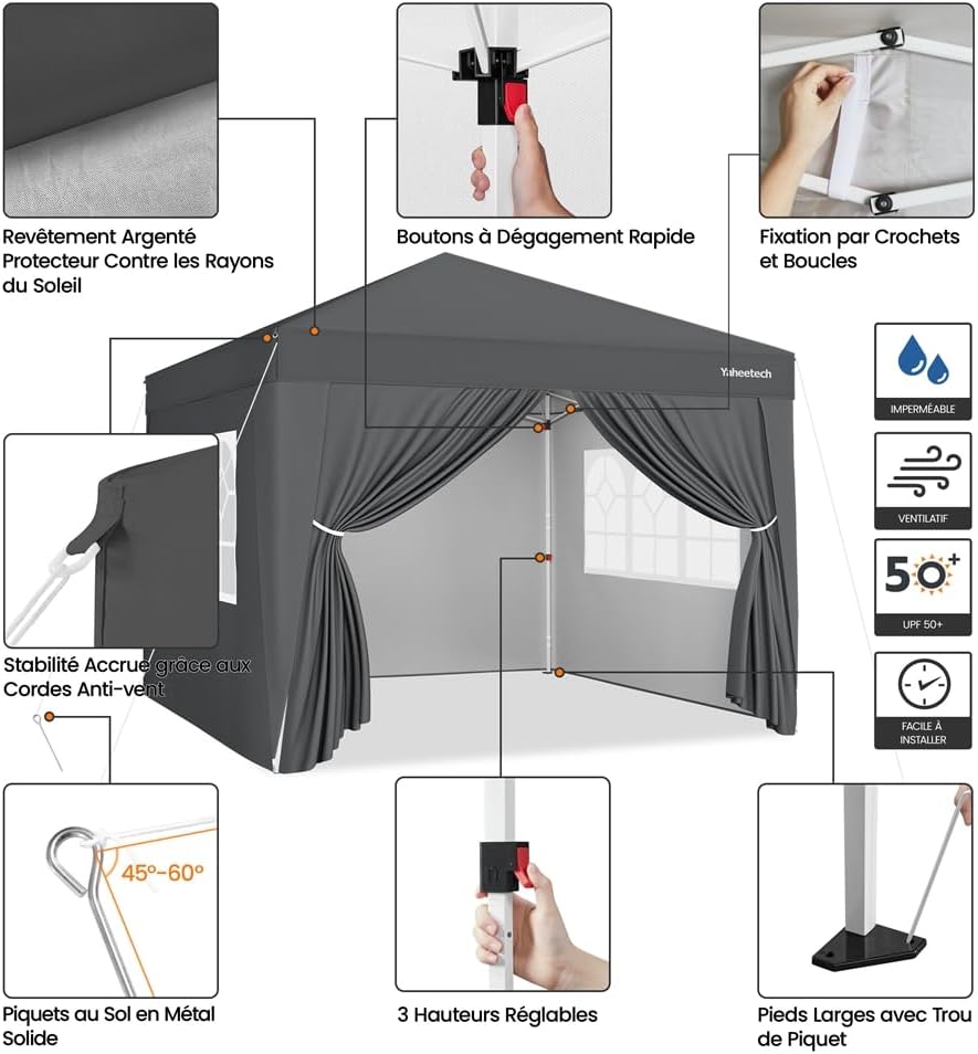 Yaheetech - Tonnelle pliante 3x3m - 4 parois latérales, gris foncé
