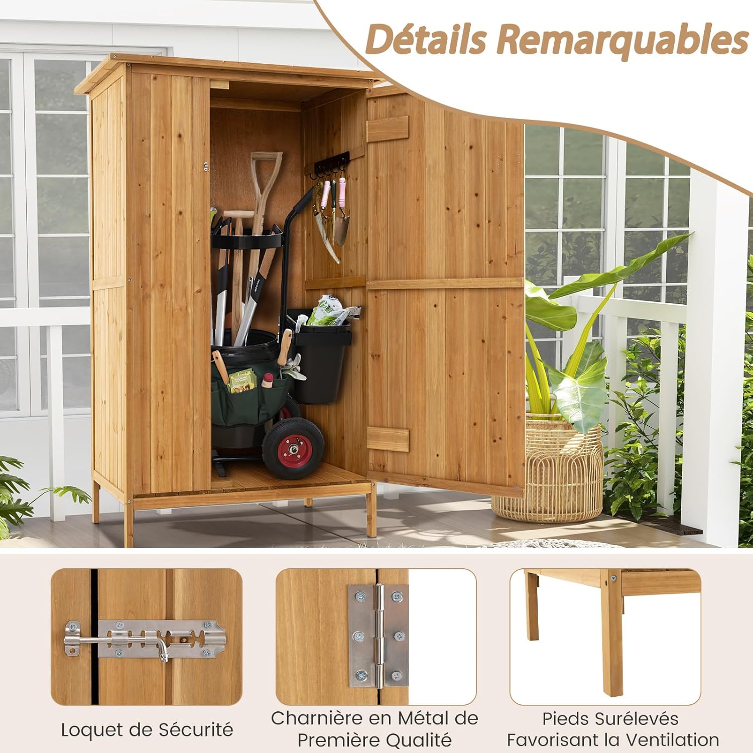 COSTWAY - armoire jardin bois - 3 étagères, toit asphalte, porte verrouillée