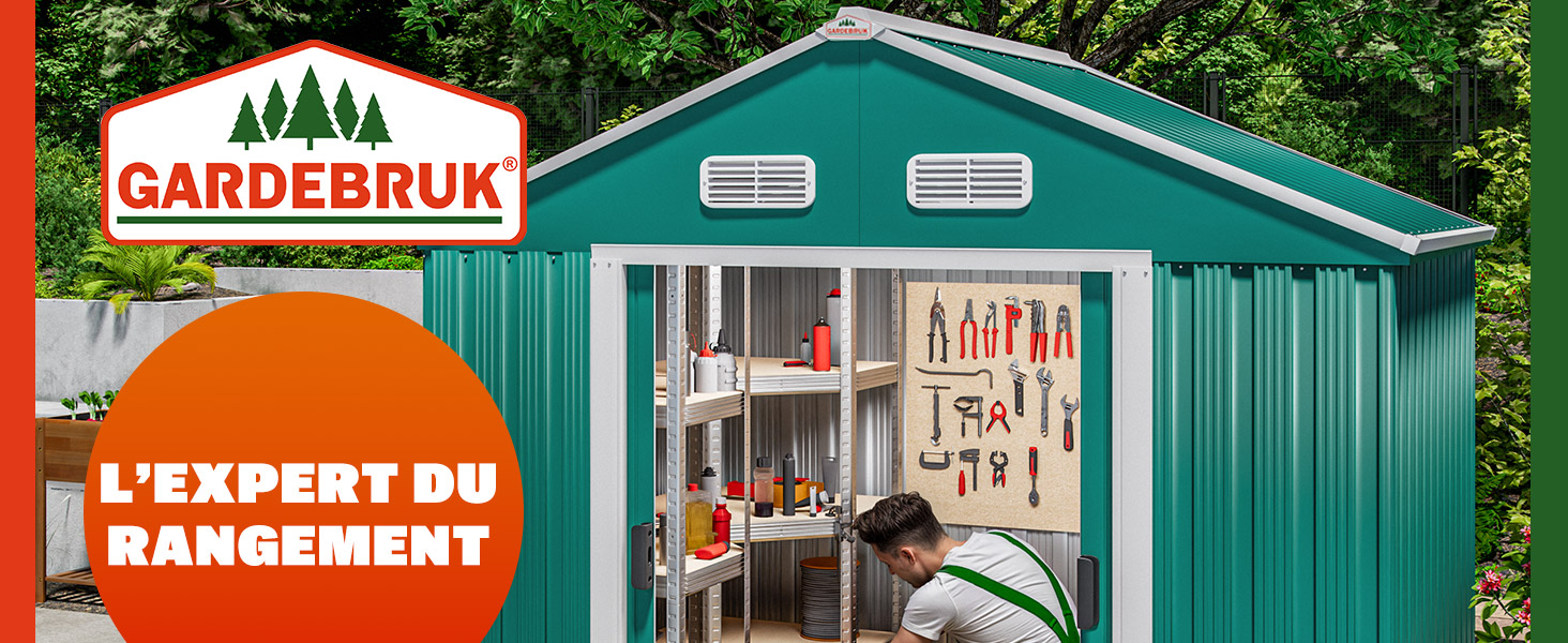 avec présentoir à outils organisé à l'intérieur, avec fenêtres transparentes et outils de jardin muraux