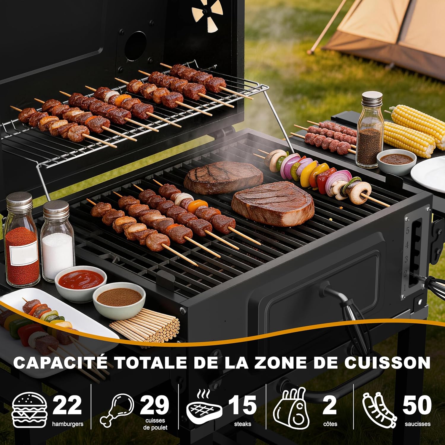 Teeno - Barbecue XXL charbon, thermomètre, fumage, grille chauffante