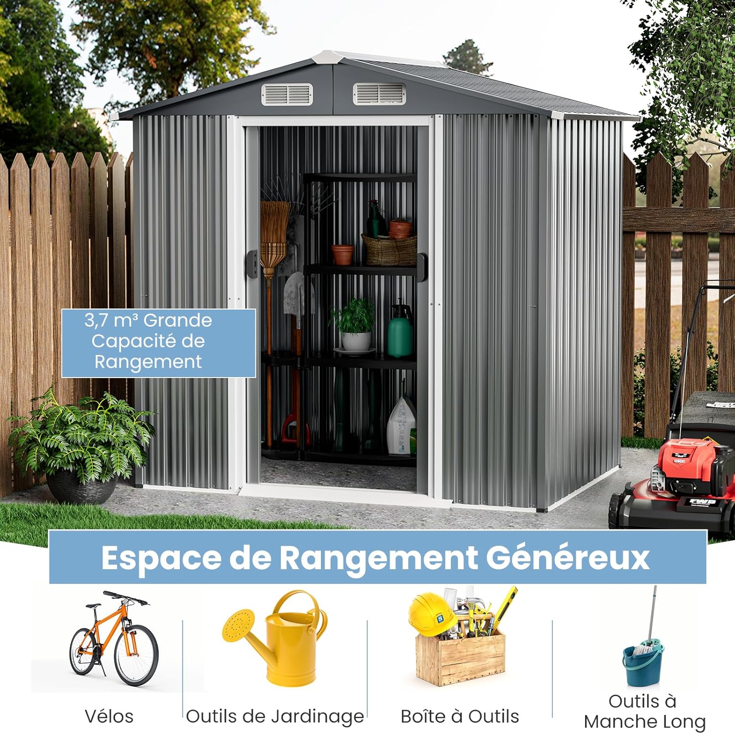 COSTWAY - Abri jardin métal galvanisé - 3,7m³ - double porte, aération, rampe