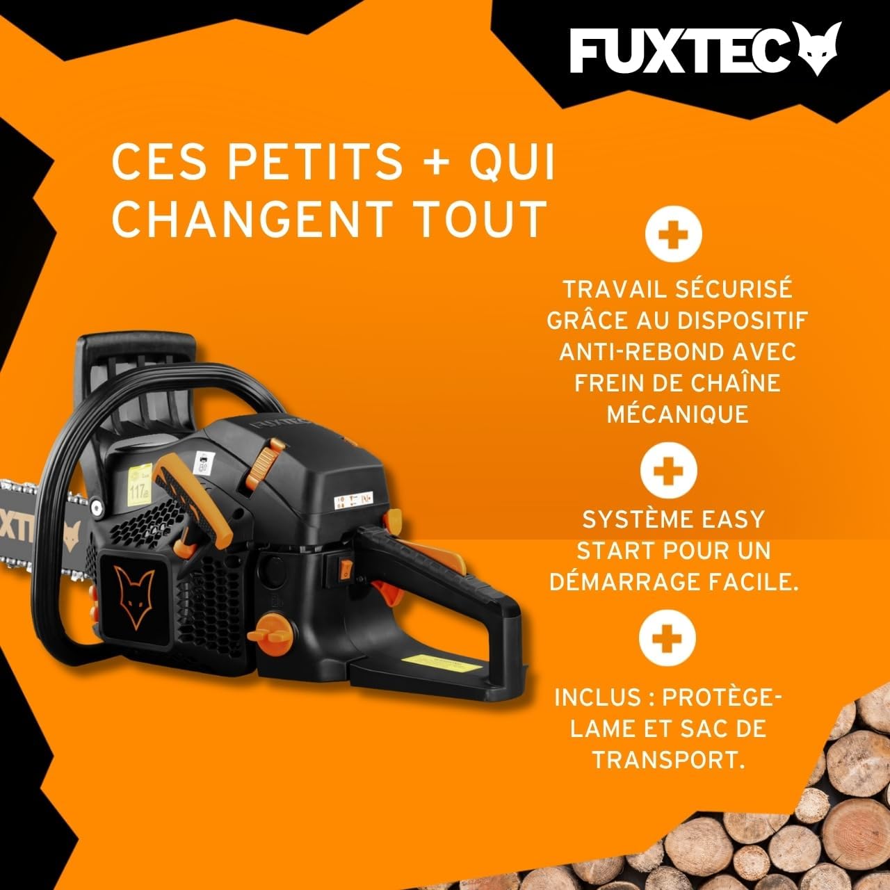 Fuxtec Tronçonneuse Thermique 46 cm - 18 Pouces FX-KS255 Black Edition 54cm3 2 Temps Essence 2,3kW Élagage Ébranchage Bois De Chauffage