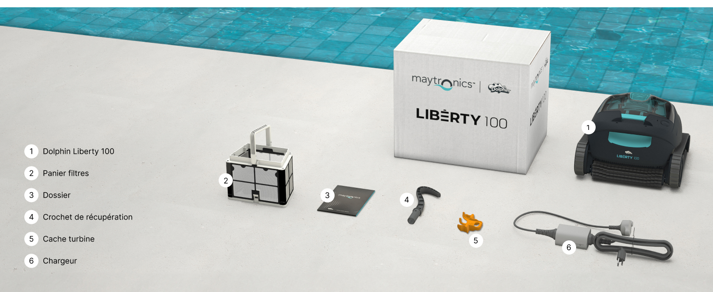 avec unité principale, alimentation, câble flottant et cartouche filtrante. Comprend une boîte de produits étiquetée « LIBERTY 150 »